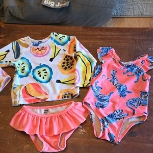 Tea Collection Girls Pink Tiger Rash Guard Swim Set with Fruit Print